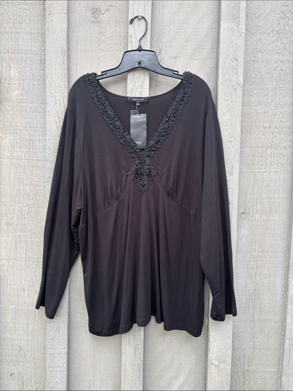 Karen Kane Black V Neck Long Sleeve Top with Lace and Beaded Trim Size 2X